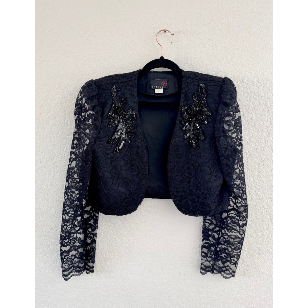 Scarlett Bolero Jacket‎ Women Small Black Vintage Lace Sequin Cropped Shrug USA